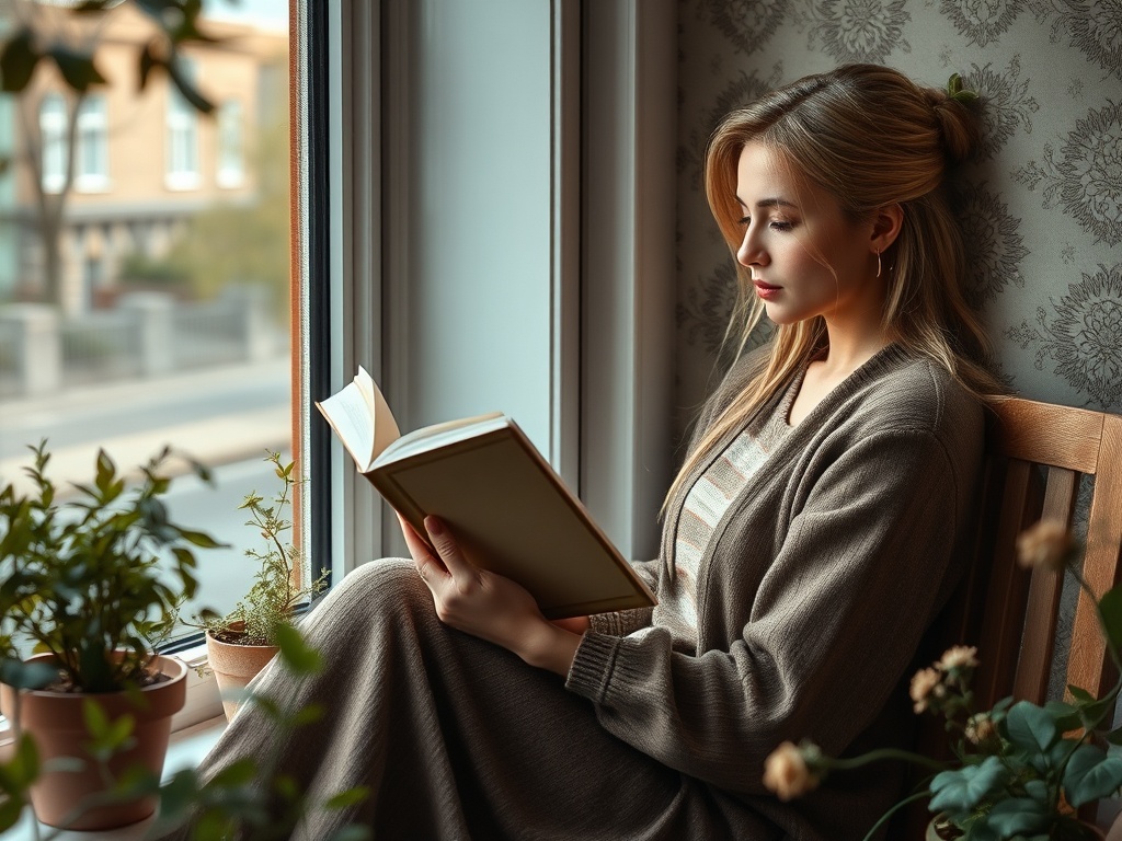 Девушка читает книгу у окна, окруженная комнатными растениями и мягким светом. Тихая и уютная атмосфера.