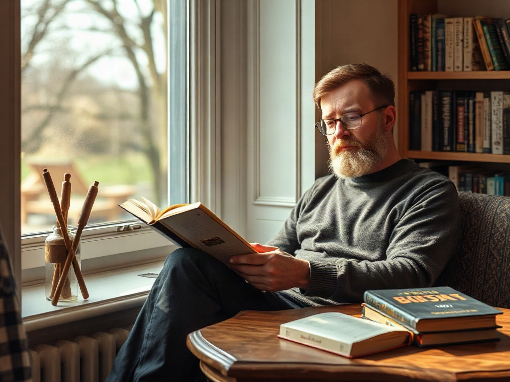 Мужчина с бородой читает книгу у окна, за которым виден зелёный двор и солнечный свет. На столе — книги.