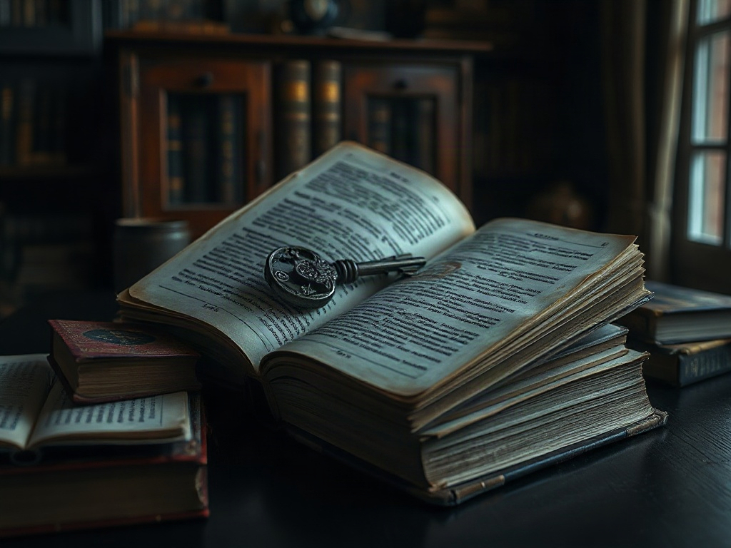 На столе раскрытые книги с ключом, среди них старые тома в уютной библиотеке.